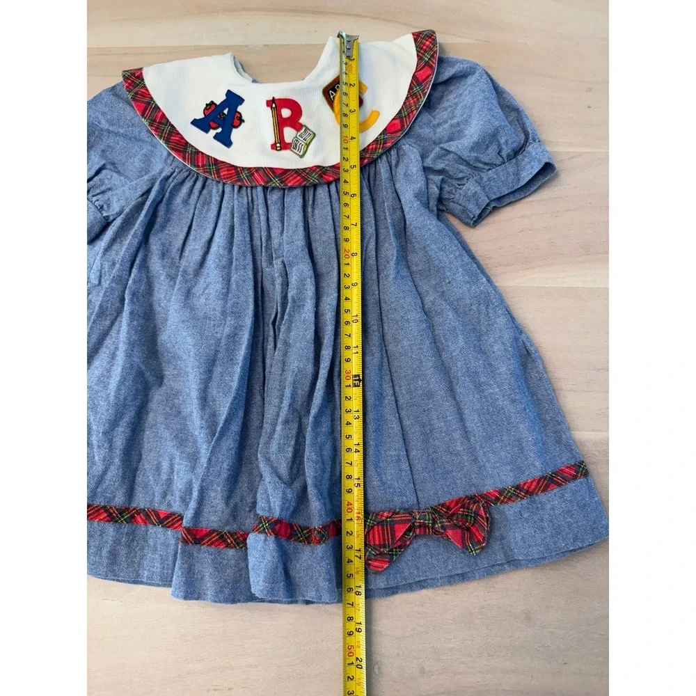 Vintage Girls Chambray Denim Dress ABC School Theme Made in USA 3T
